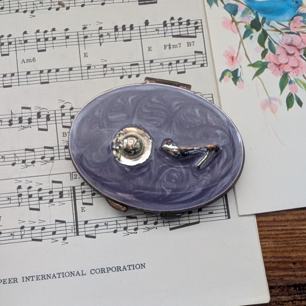 Vintage Purple Compact Mirror with Silver Hat And Shoe Accents